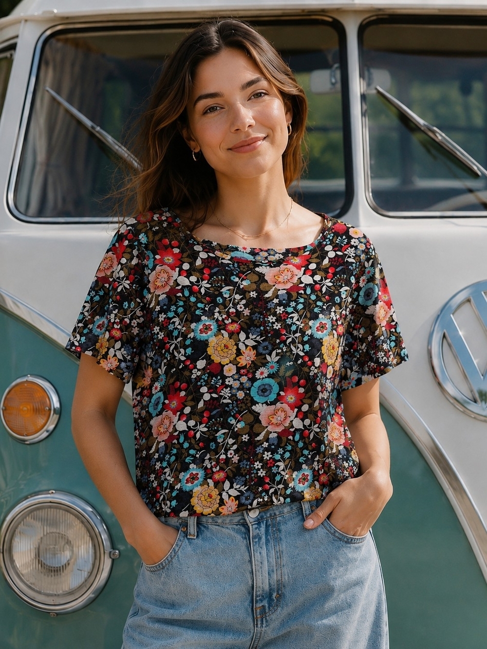 LOFT 100% LINEN Floral Short Sleeve Women's Top in Black